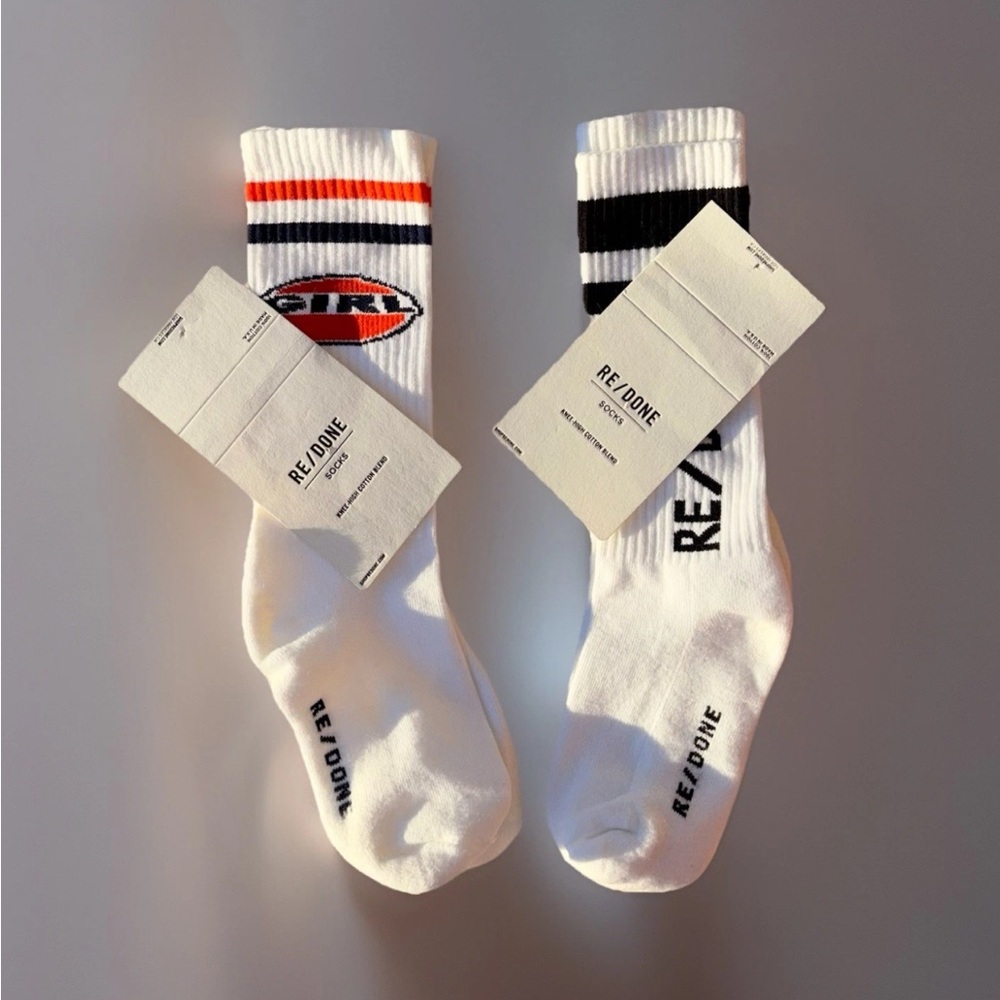 NEW 2 Re/done logo knee high socks white & black striped